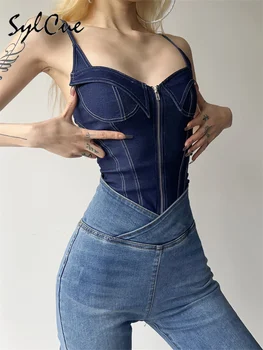 Sylcue 2023 Summer New Classic Retro Cool All-Match High Street Sexy Mature Charm Hot Women'S Zipper Jumpsuit Bodysuit 4