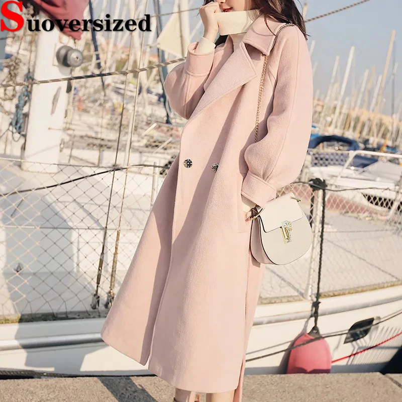 

Elegant Women's Belt Woolen Coats Winter Quilted Wool Blend Jackets Korean Thicken Long Overcoat Warm Loose New Chaquetas 2023