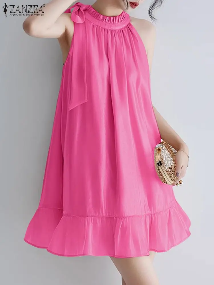 

Платье ZANZEA женское шифоновое без рукавов, винтажное Плиссированное мини-платье с воротником-стойкой, Повседневный Сарафан-качели, лето 2024