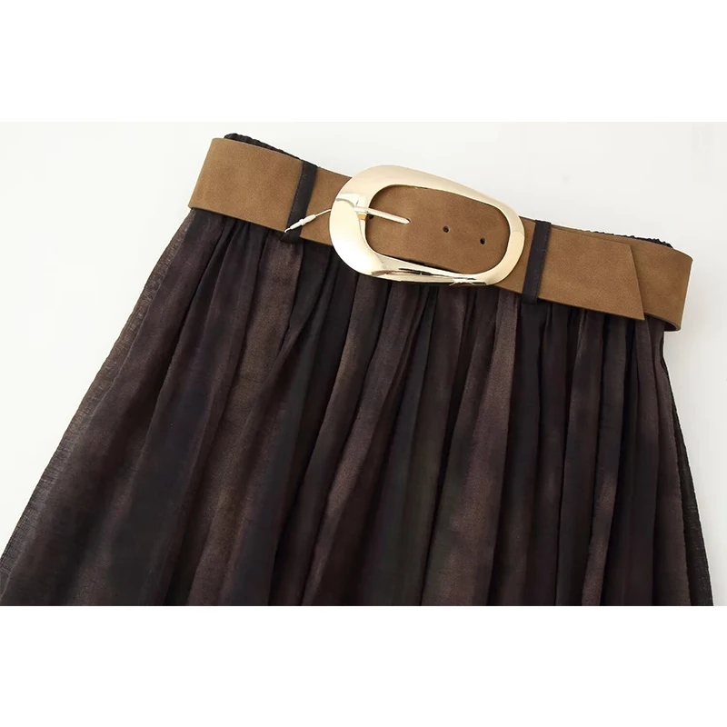 Chic Elegant Pleated Long Skirts For Women Fashion 2025 New With Belt Vintage Midi Skirt High Street Casual Holiday Skirts