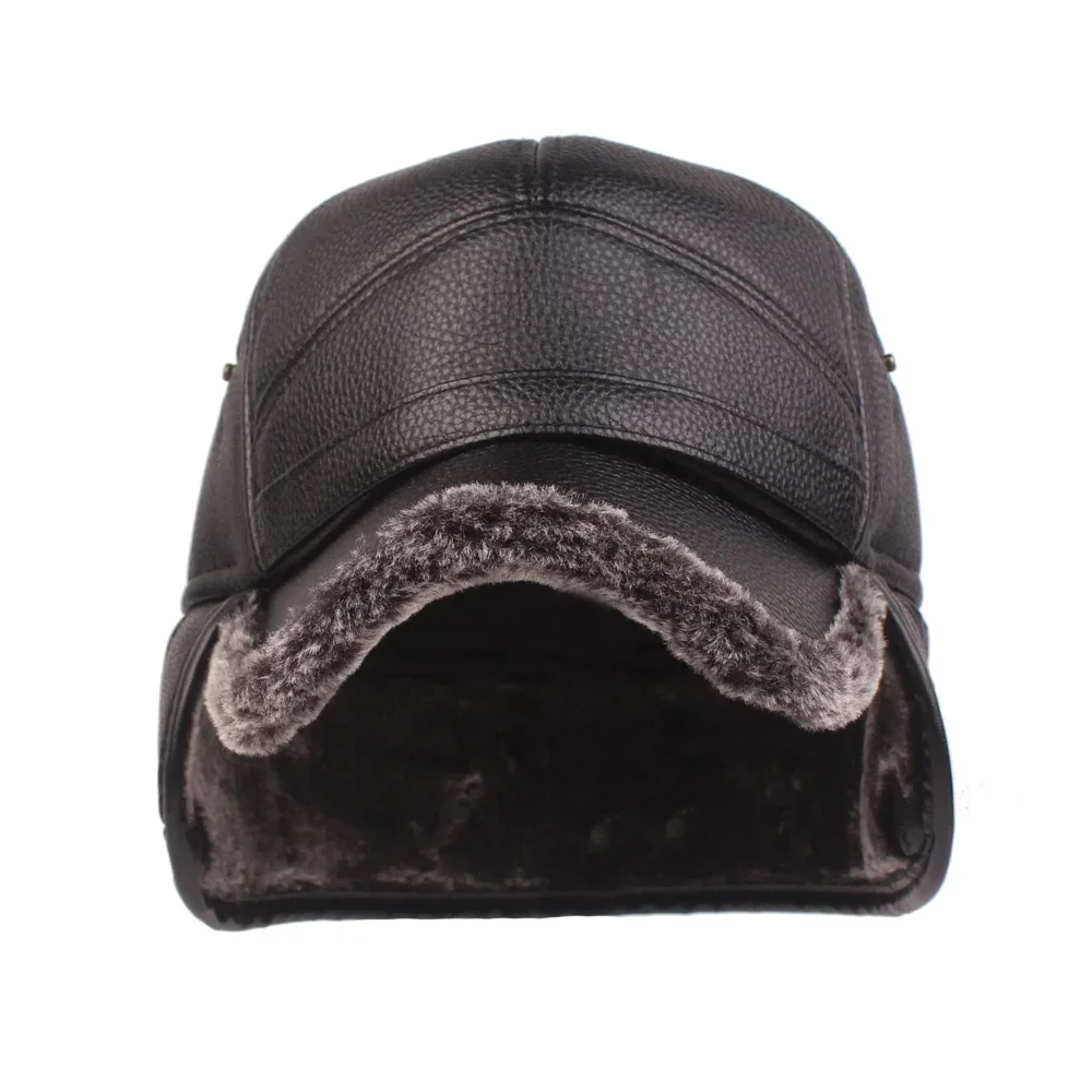Winter Mens Leather Cap winter hat fur hat earflap hat Warm Baseball Cap with Ear Flaps Thick Fur Caps for Winter Bomber Hats