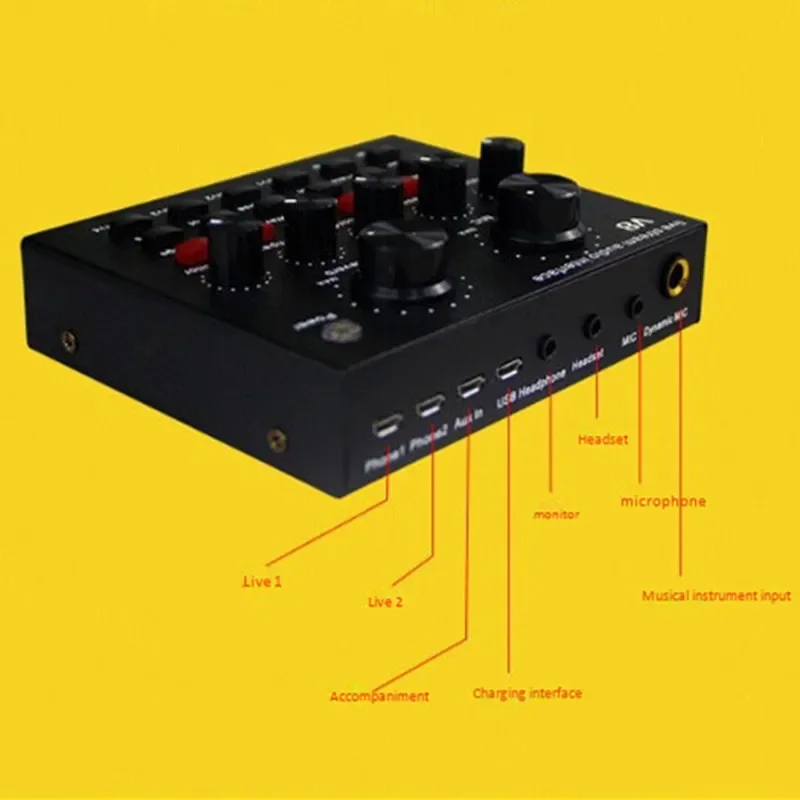 12가지 효과 모바일폰 컴퓨터 사운드 카드 앵커 장비 스테이지 오디오 프로세서 믹서 지원 마이크 라이브 다이어프라임