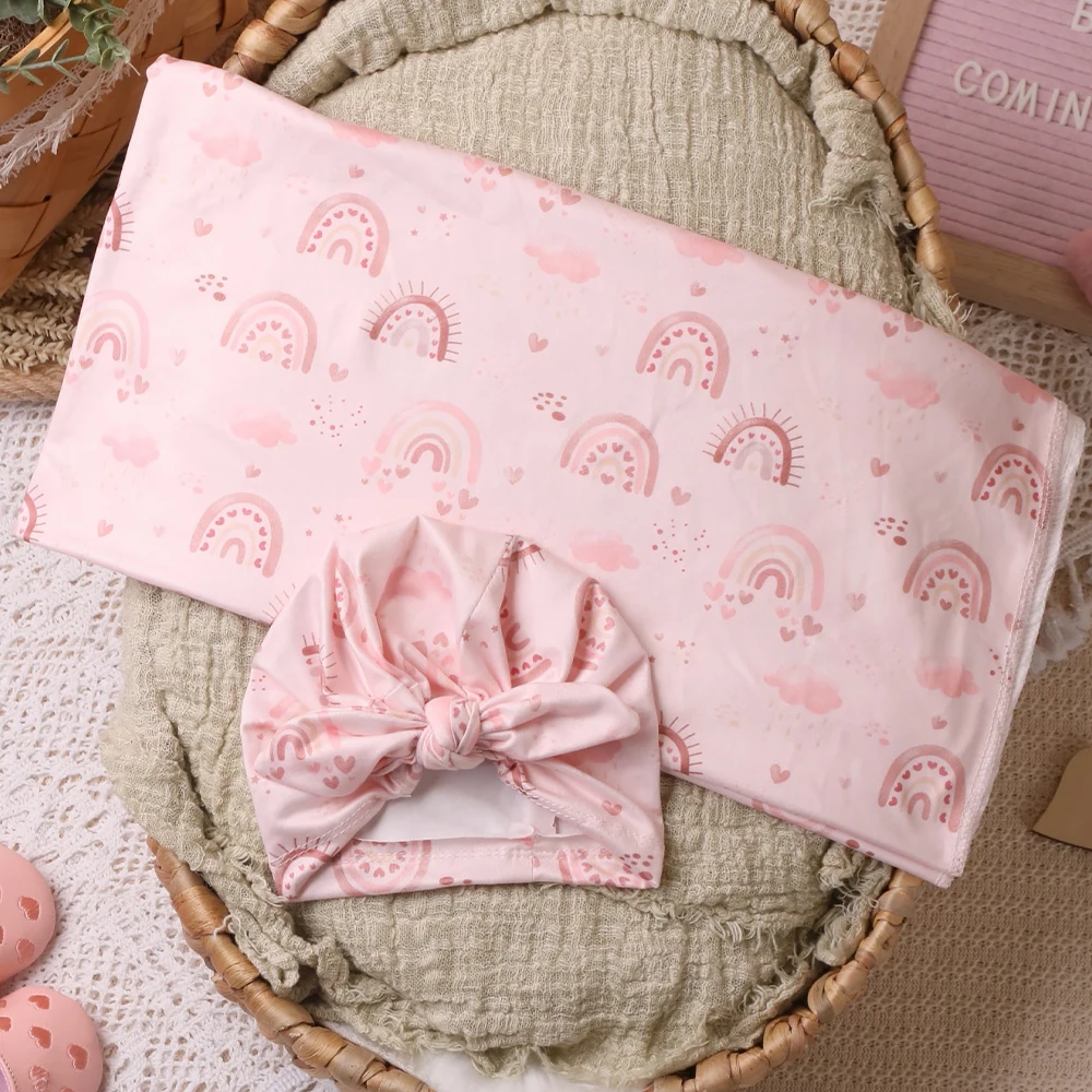 Ylsteed Newborn Receiving Photography Swaddle Blanket with Bow Turban Hat Infant Photography Props New born Photoshooting Wraps 3