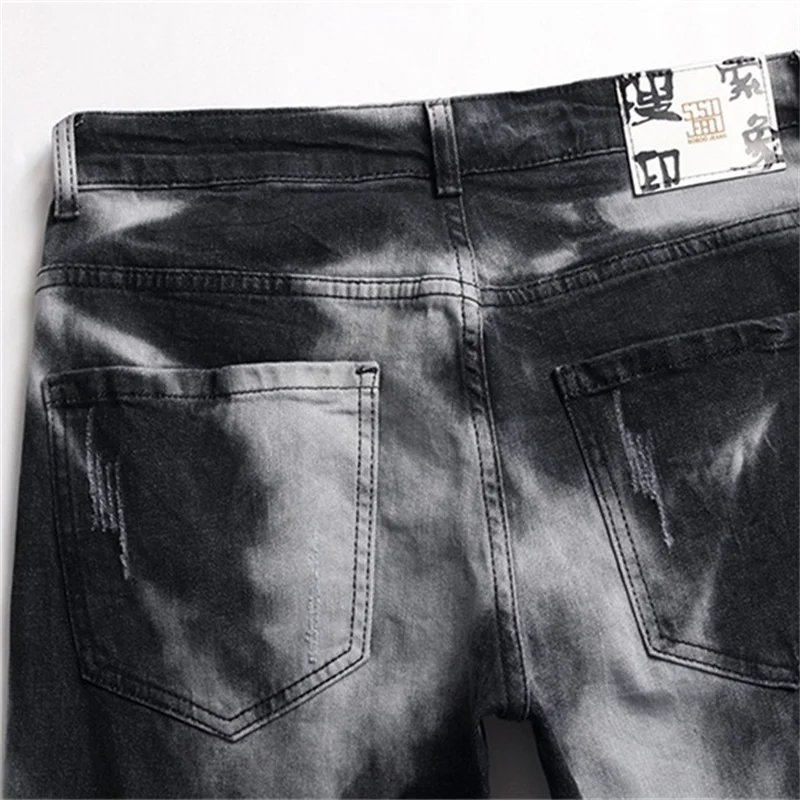 Seasonal Scratched Trouser Feet Men Jeans Worn 3D Splice Slim Black Grey Gradual Color Change Pants Stretch High Street EH·MD®