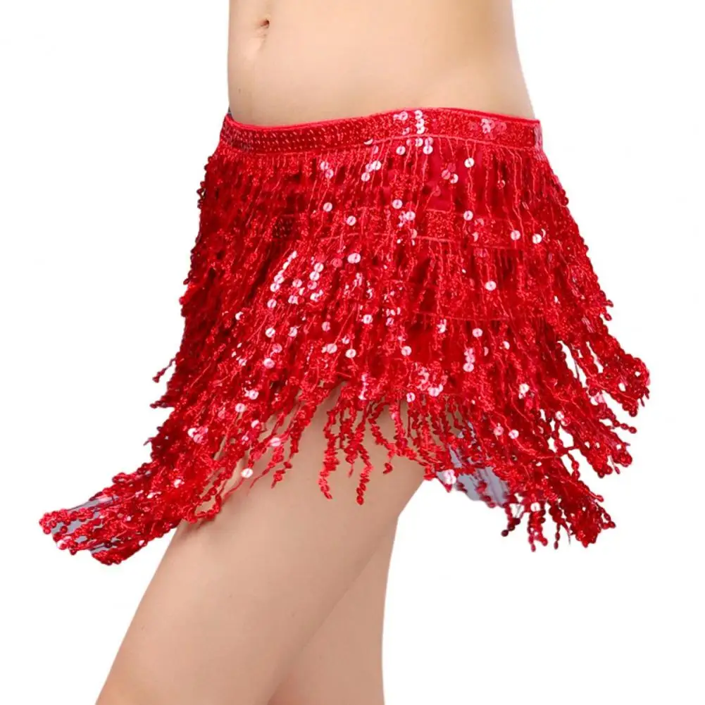 

Performance Sequin Skirt Bohemian Clubwear Belly Dance Skirt With Tassel Sequin Chain Double-layer Lace-up Waist Wrap For Latin