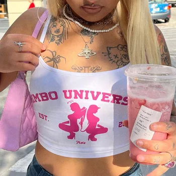 Y2k Harajuku Punk Graphics Sleeveless Sexy Crop Top Women's Clothing 2023 Vintage Letter Print Baby Tee Streetwear Women T-shirt 1