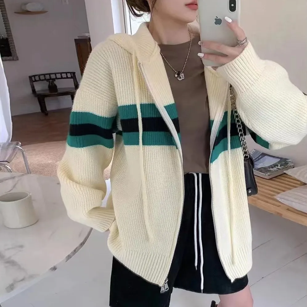 Chic Women Casual Loose Striped Knitted Hooded Coats Cardigans Female