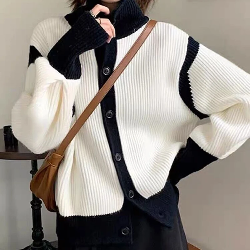 

Gidyq Women Patchwork Cardigan Sweater Autumn Korean Fashion Streetwear Loose Knitted Coats Casual Female Button Jacket New