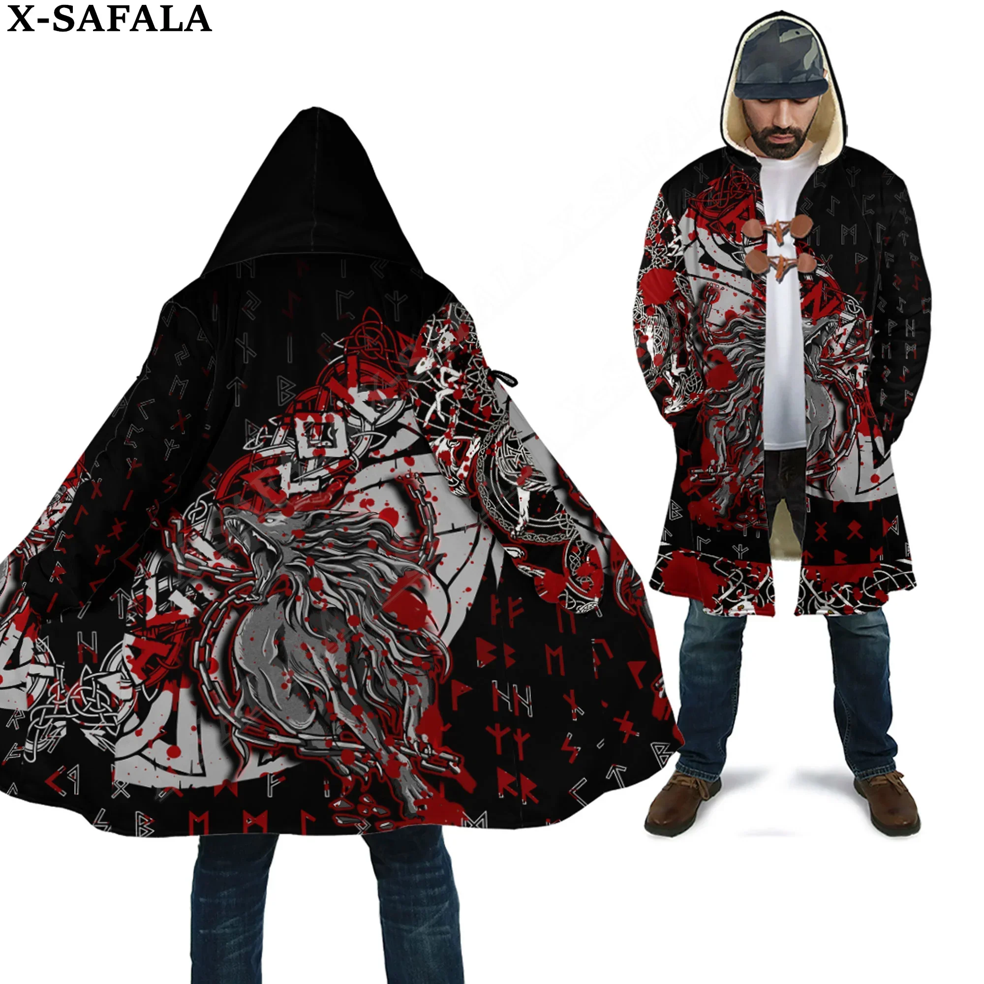 

Tattoo Symbol Viking Odin Dragon Wolf Bear Raven Overcoat Coat 3D Print Thick Warm Hooded Cloak Men Windproof Fleece Unisex-10