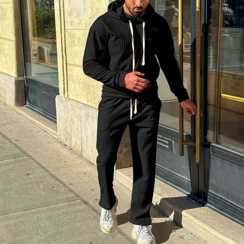 Men's Small Square Fabric Suits Autumn Splicing Kangaroo Pocket Hooded Sweatshirt Loose Waist Lace-up Pants Male Two-piece Sets