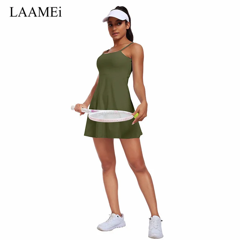 LAAMEi Sports Set Tennis Dress Pocket Safety Shorts Fitness Golf Integrated Yoga Set Women's Running Fitness Dress