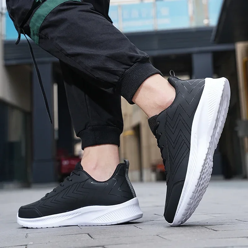 

Black Men s Leather Sneakers Breathable Casual Shoes Ultralight Athletic Jogging Gym Shoes Walking Fitness Non slip Tennis Shoes