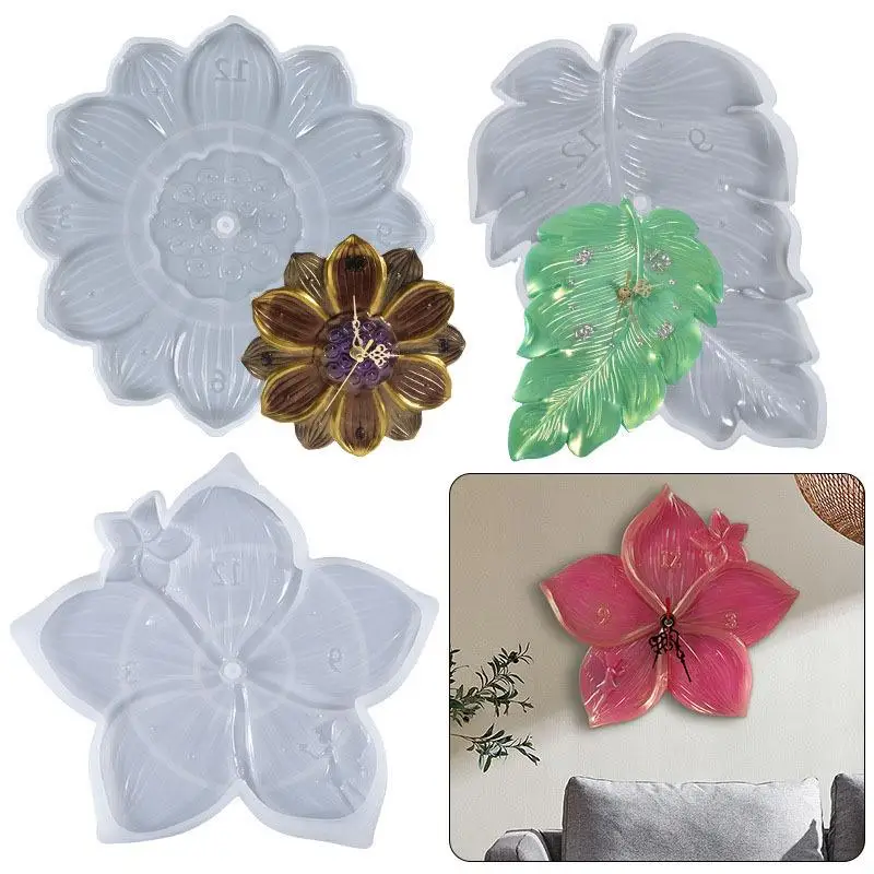 Round Clock Epoxy Resin Silicone Mold Arabic Roman Numbers Flower Leaf Clock Mould Wall Decor DIY Resin Crafts Casting Mold