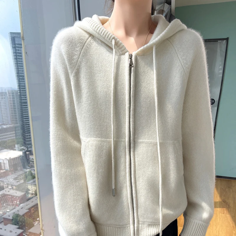 Cashmere Sweater Autumn Winter 100% Pure Wool Sweater Women's Hooded Collar Knitted Cardigan Fashion Korean Larg Size Thick Coat 5