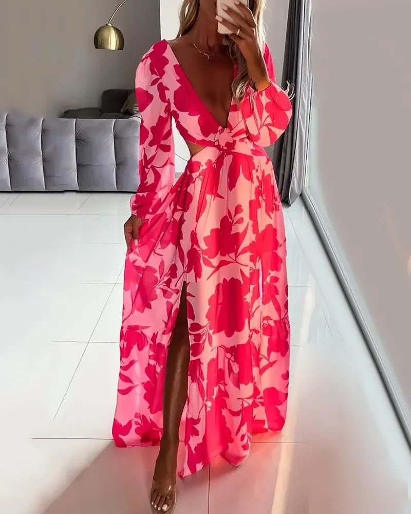 

Summer 2022 Women's Dresses, Low Waist Balloon Sleeves High Slit Cutout Floral Print Sexy Party Long Dress
