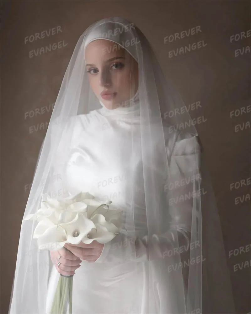 Luxury Muslim Wedding Dresses Mermaid Woman's Long Sleeve High Neck Satin Formal Bride Gowns Elegant Vestido De Novia Customized 2