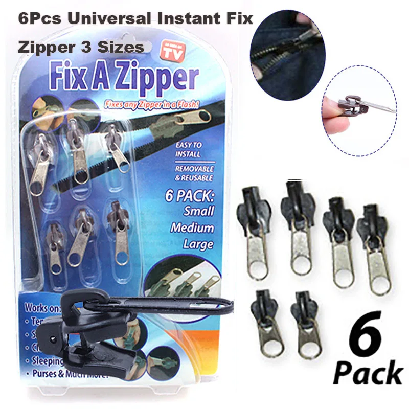 6Pcs Universal Instant Fix Zipper 3 Sizes Repair Kit Replacement Zip Slider Teeth Rescue New Design Zippers For Sewing Clothes