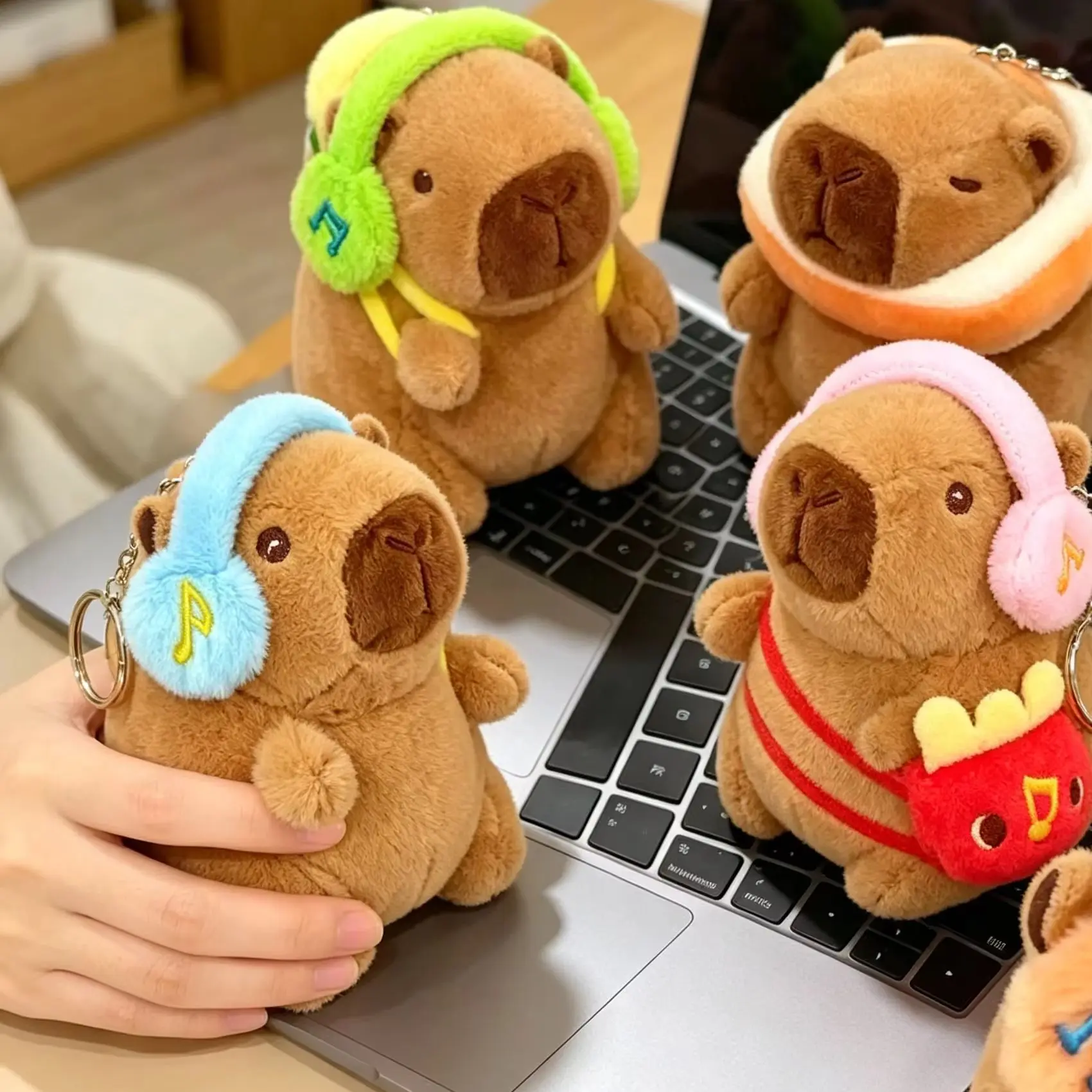 Adorable Capybara Plush Keychain with Headphones - Soft Stuffed Animal Bag Charm