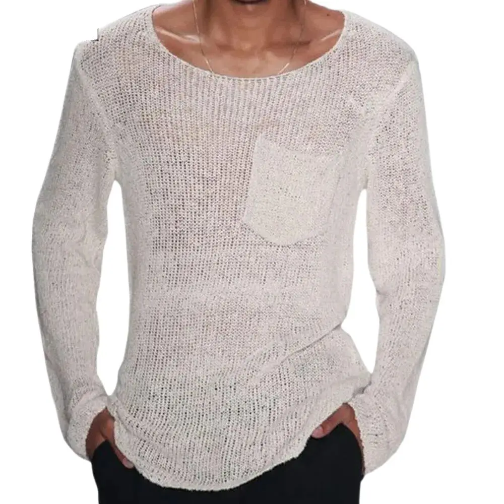 

Ladiguard Men Long Sleeves Fashion Knitted Shirt Mens Beachwear 2024 Sexy Hollow Out Top Pullovers Male Solid Pockets T Shirts