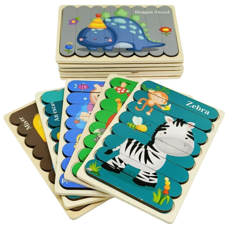 Cartoon Animal Baby Toys Double-sided Strip Wooden Jigsaw Puzzles Kids Montessori Puzzles Game Educational Puzzles for Children