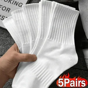 1/5pairs Thicken Cotton Men's Socks Solid Bottom Terry Long Socks Black White Sport Socks Male Breathable Casual Calcetines
