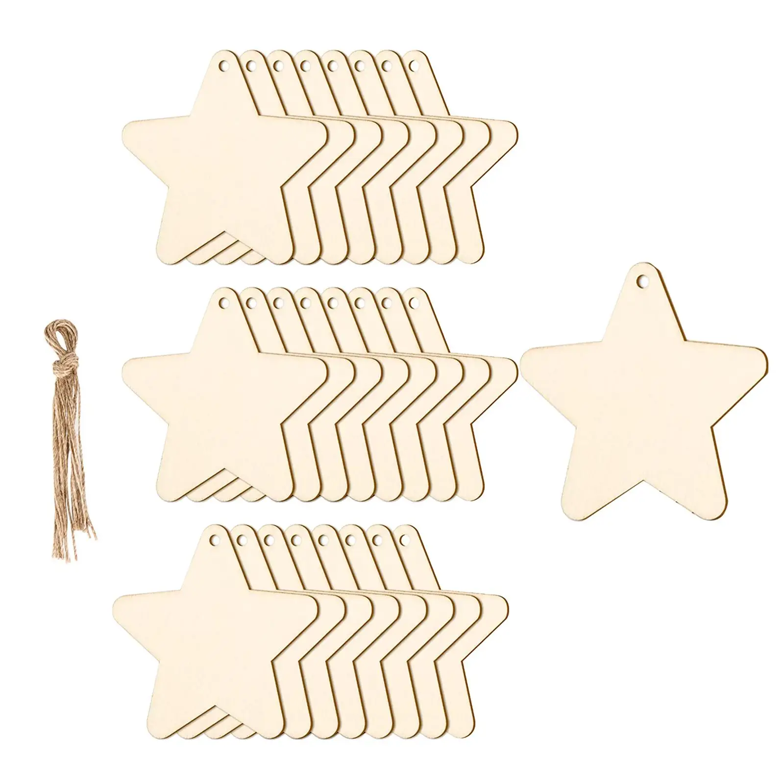 25 Pieces Unfinished Star Wooden Slices Wooden Craft Shapes Blank for Tree  Decorations DIY Hanging Embellishments Holiday