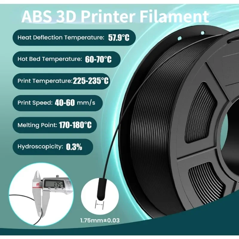 높은 내구성 ABS 3D 필라멘트, 대부분의 FDM 3D 프린터에 적합, 1kg 스풀 (2.2lbs), 강한 ABS, 1.75mm, ± 0.02mm