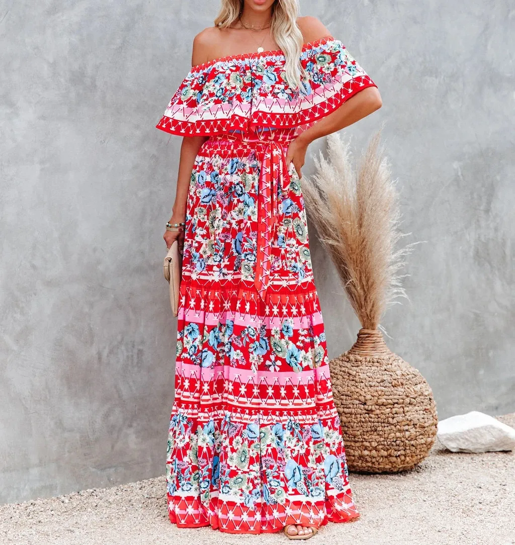 Flower Print Off Shoulder Long Dresses For Women Spring Summer New Fashion Temperament High Waist Leace-up Dress Female Vestidos 19 undefined