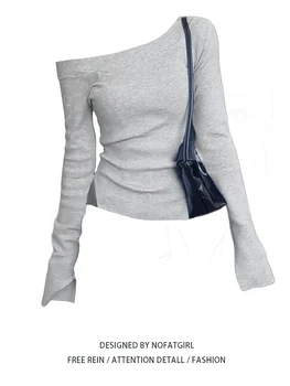 Off shoulder Long sleeve T shirt Women One shoulder Fitted Basic Plain Tee Shirt Lady Split Casual Top Spring Autumn Winter 1