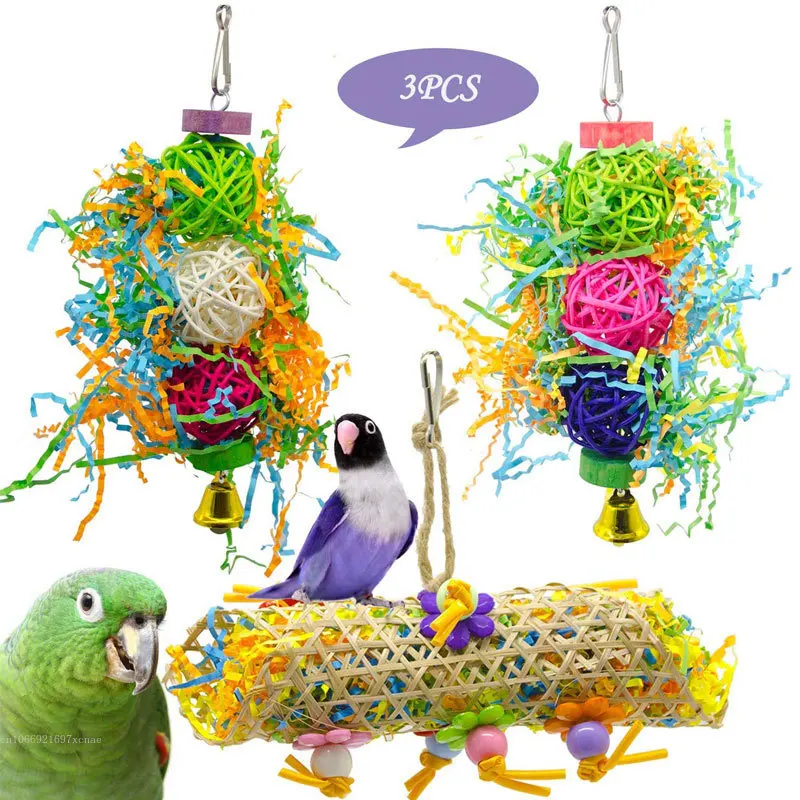 

3pcs Parrot Bird Toy Small Parrot Chewing Toys Hanging Cage Paper Strings Wire Drawing Takraw Toys Cage Decoration Bird Supplies