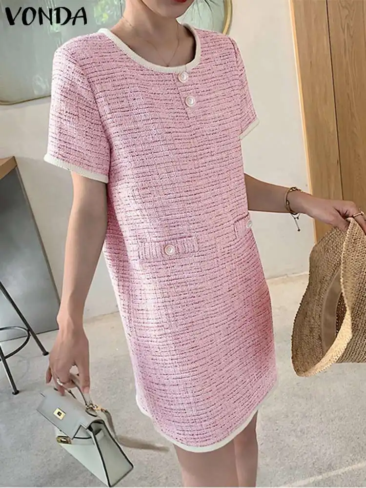

2023 Casual VONDA Fashion Women Elegant Mini Dress Summer Sundress Round Neck Buttons Short Sleeve Office Streetwear Vestidos