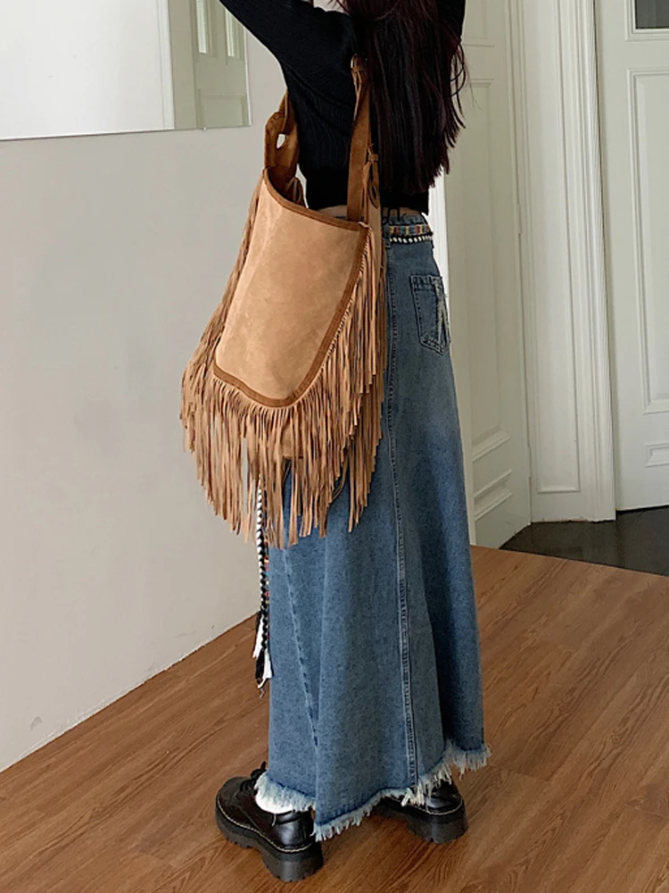 2023 Autumn Women's Vintage Denim Fringe Crossbody Shoulder Bag