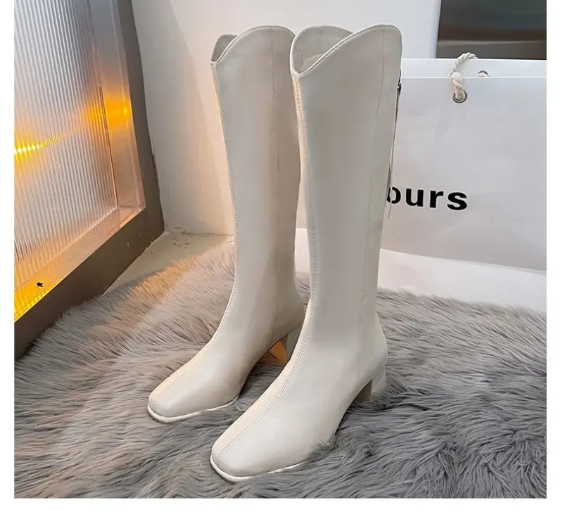 2023 Knee High Boots Women Fleece Chunky High Heels Back Zipper Thigh High Boots PU Leather Shoes Fashion Winter Long Boots New