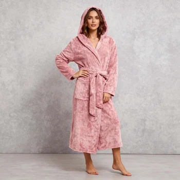 Winter Warm Fleece Pure Color Robe Women's One Piece Nightgown Long Sleeve Hooded Design Soft and Comfy Flannel Pajama