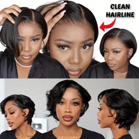 # Perruque courte brune coupe pixie droite 13x4 avec dentelle transparente, perruque brésilienne en cheveux humains, perruque bob courte avec raie latérale pour femmes 5
