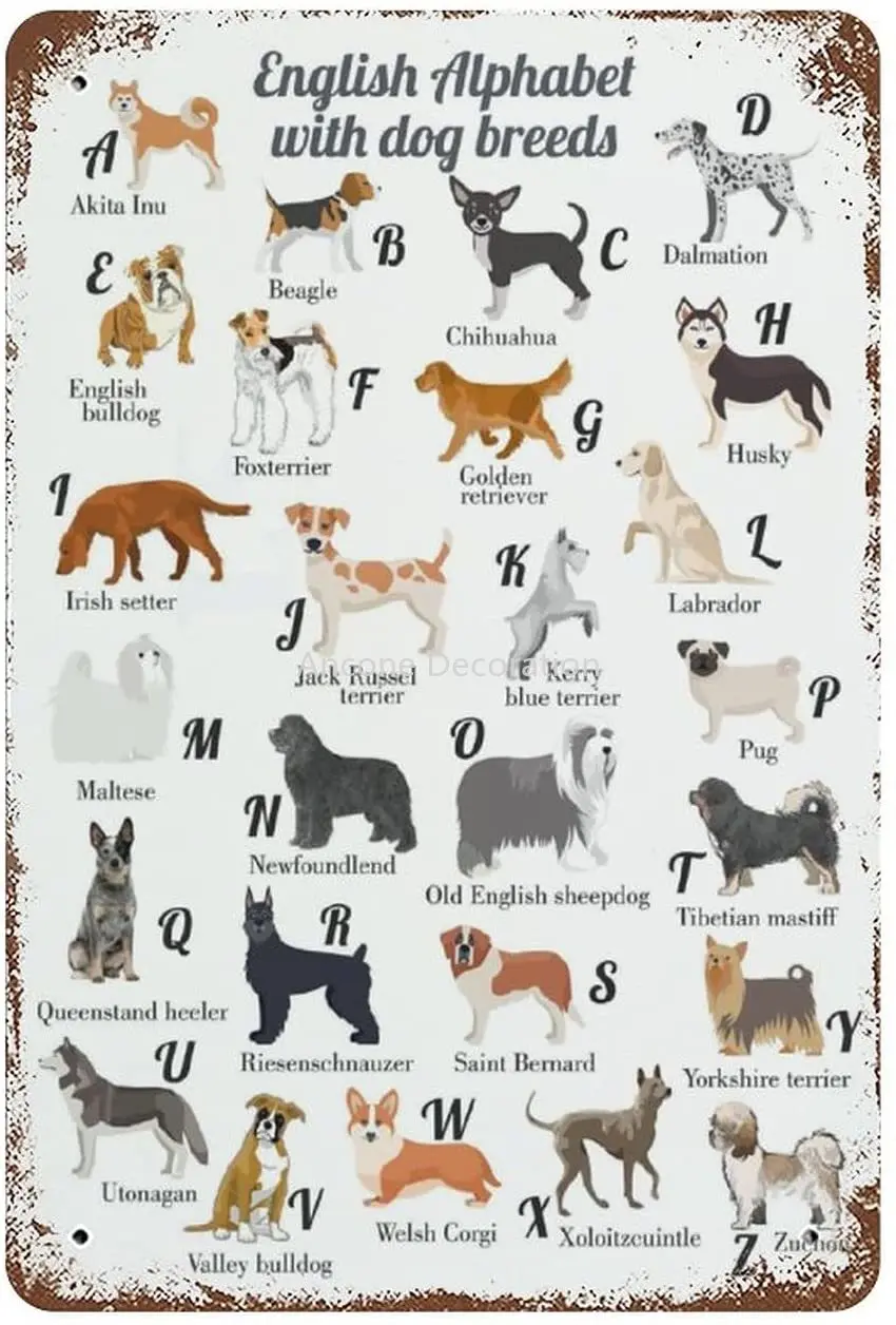 

Dogs Alphabet for A to Z Antique Bar Poster Metal Wall Plate Vintage Wall Art Retro Advertising Metal Tin Sign Home Decor