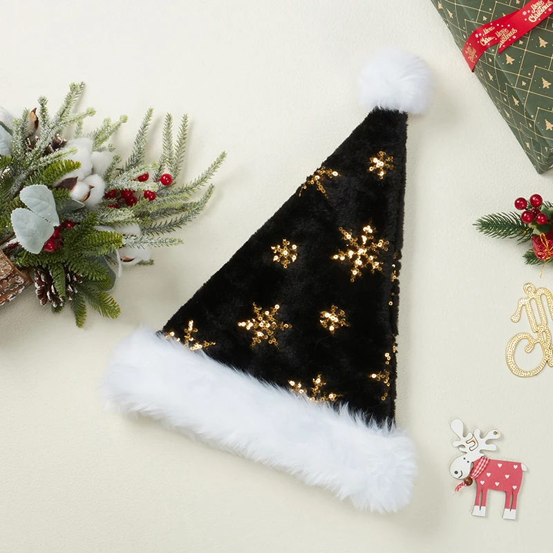 Sequin Christmas Hats for Adults Glitter Snowflake Embroidered Santa Claus Hats Party Cap with Fur Trim