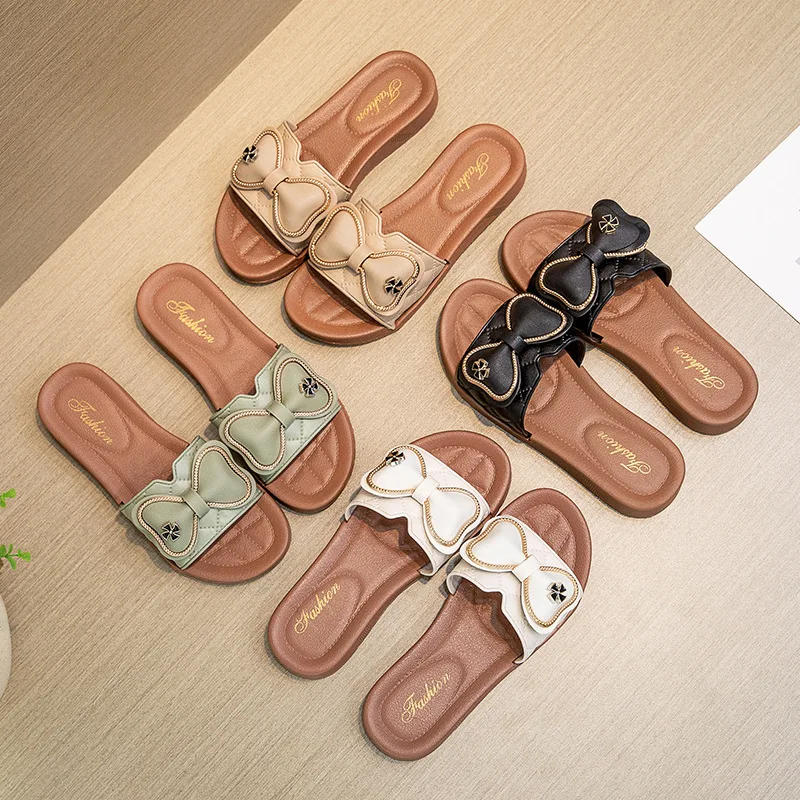 Bow Slippers Female Summer Wear Thick Flat Non-slip Beach Shoes
