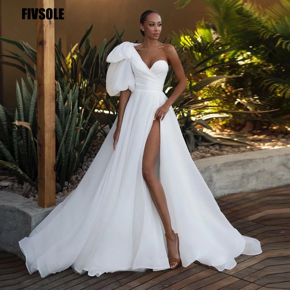 

Fivsole A-line Robes De Mariage Organza Wedding Dress Side Slit Trouwjurk Simple One Puff Sleeve Hochzeitskleid Abito Da Sposa
