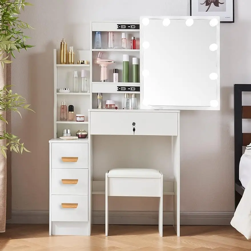 

Xinhonglei Vanity Set with Lighted Mirror, Makeup Vanity Dressing Table with 4 Drawers and Cushioned Stool, White Modern Dress