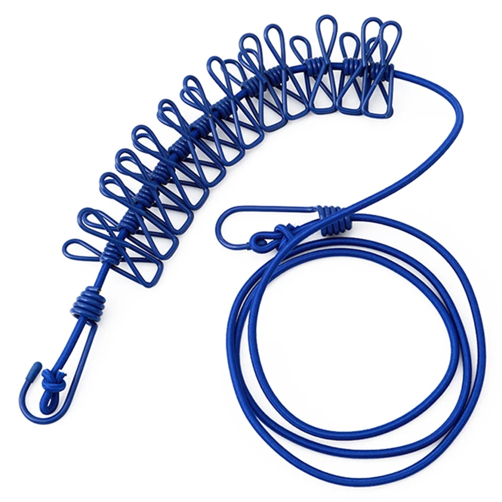 Portable Outdoor Clothes Line Clothing Drying Rope Clothes Drying Line Stretch Windproof Camping Flexible Laundry Rope With 12 Clips Metal Hooks