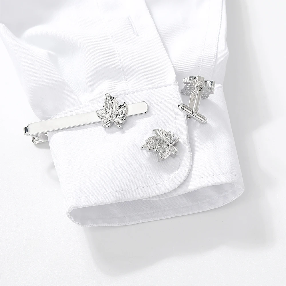 빈 남성용 단풍잎 커프스 단추 및 타이 클립 세트, 실버 톤 쥬얼리, 결혼 생일 기념일, 아버지날 선물