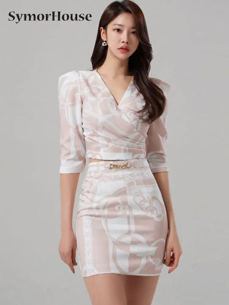

Spring Summer Women Sexy Fashion 2 Pieces Set V-Neck Print Shirts Top + Vintage Printed Pencil Skirt Korean Simple Skirt Suit