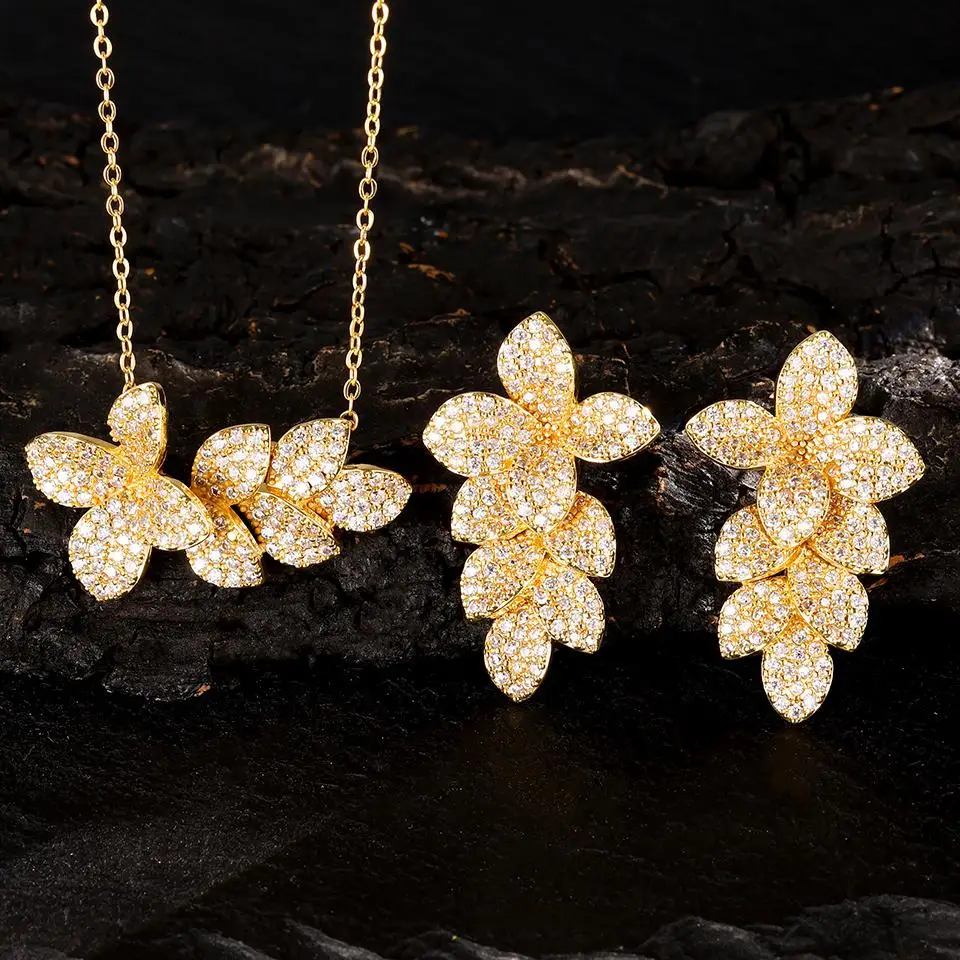 ZAKOL Blatt Blume Design Micro-Inset Zirkon Ohrringe Anhänger Zwei-Stück Set Für Frauen Exquisite Mode Charme Party schmuck Sets – Detail 4