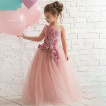 

Pink Floral Pageant Kids Dresses Illusion Sheer Neck Floor Length Tank Formal Children Flower Girl Dress Birthday Party Gown