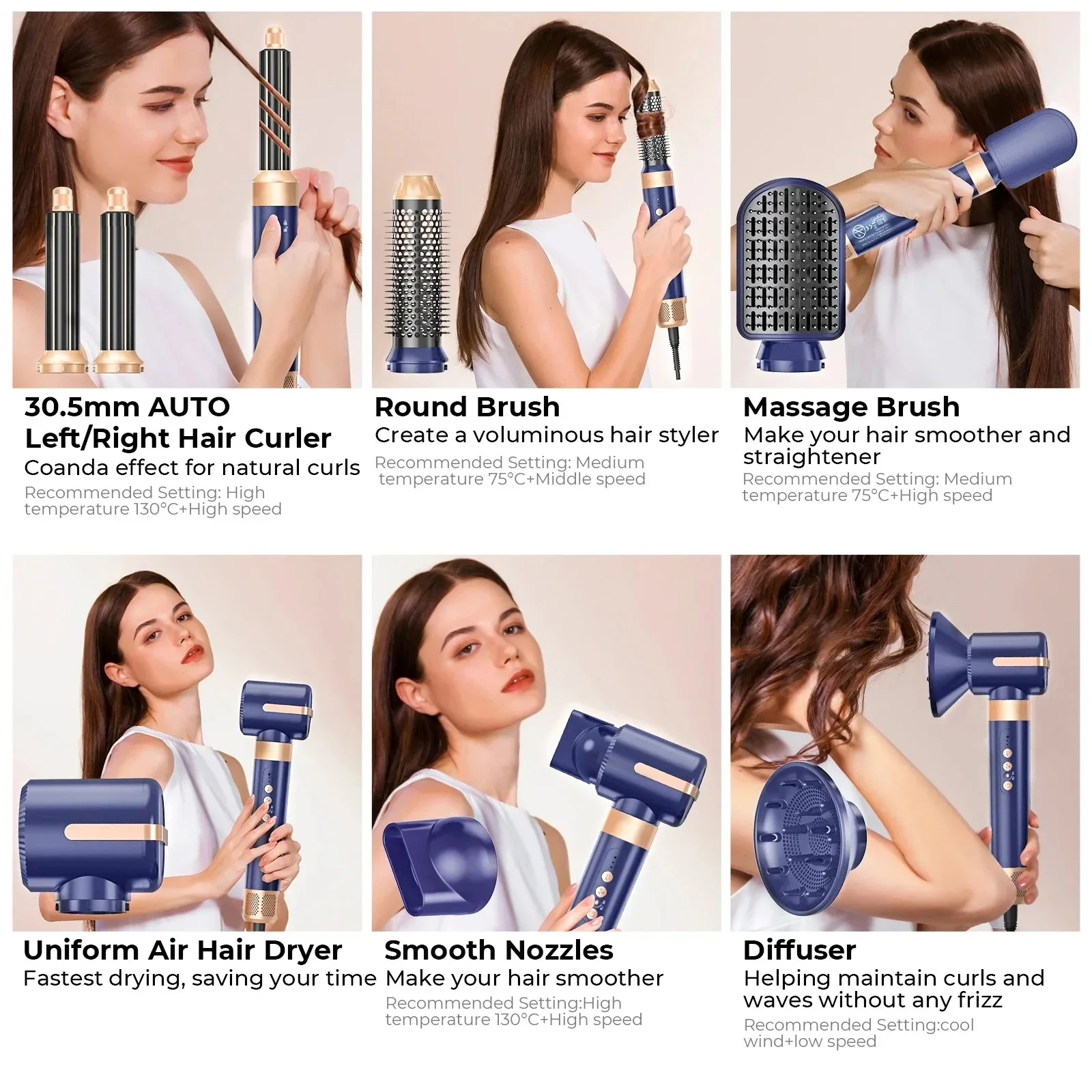 Professional 7 in 1 Hair Dryer High Speed Blow Dryer Hair Strighter Blow Dryer Hot Air Styling Comb Hair Curler Salon 11000RPM 2