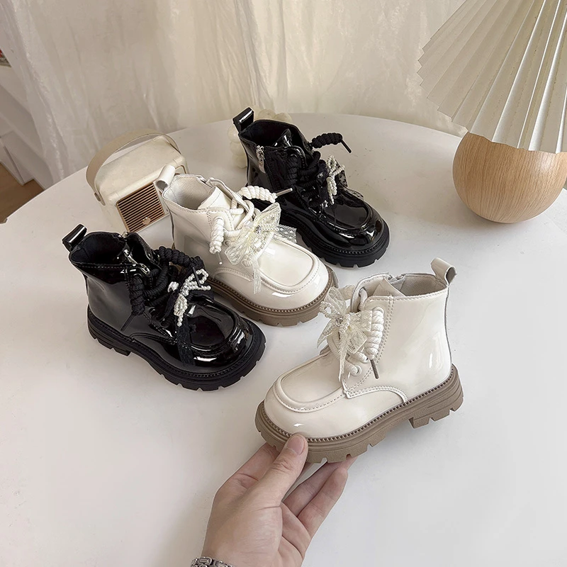 Leather Ankle Boots for Girls with Lace Bow