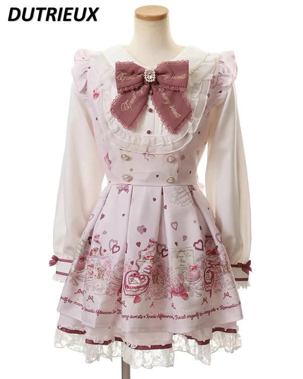 Dress Two Piece Set Liz Dress Mine Sweet Printed High Waist Long Sleeve Suit Navy Neck Dresses and Bottom Skirt