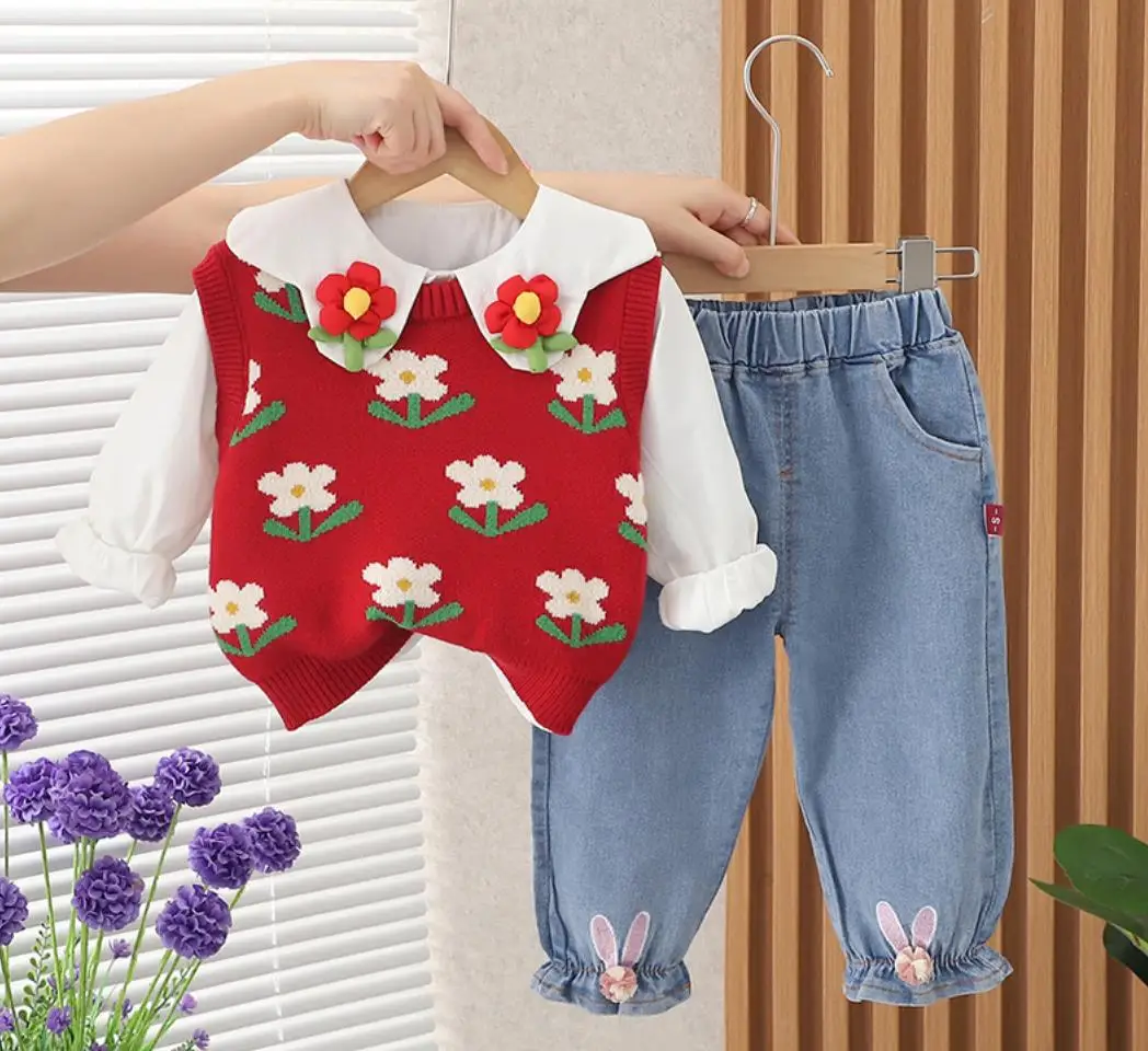 

Personalized Baby Girl Fall Clothes Korean Style Floral Knitted Sleeveless Vest+White Shirts+Pants Tracksuits Girls Outfit Set