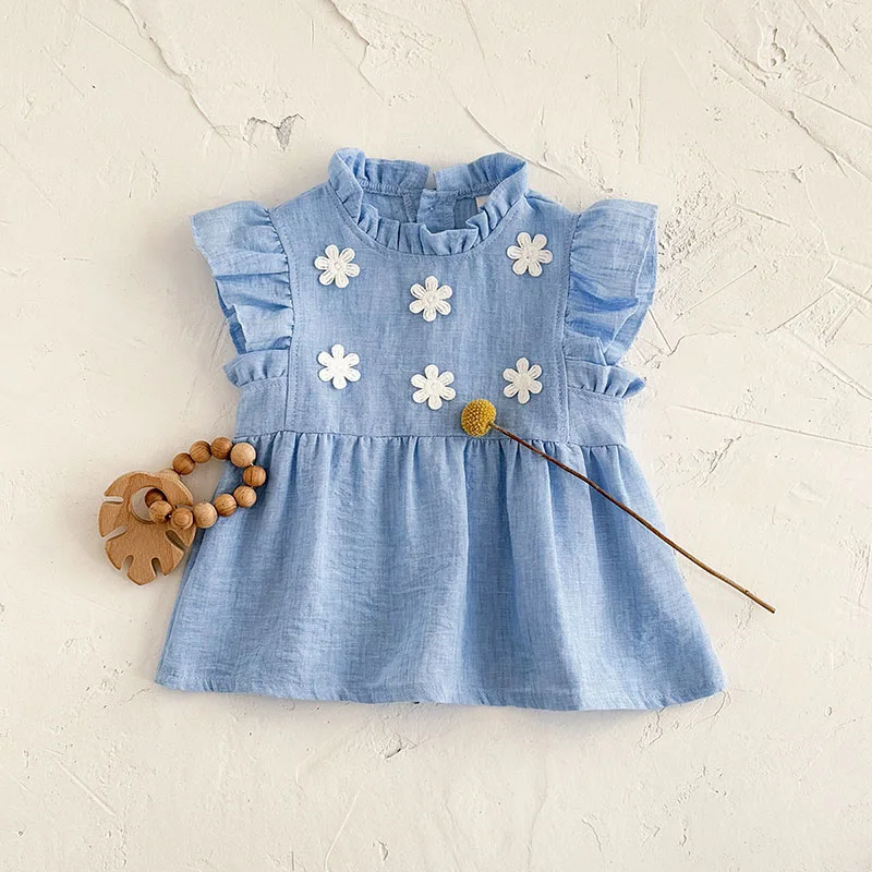 Cute Autumn Baby Dress Cotton Color Block Flying Sleeves Tops